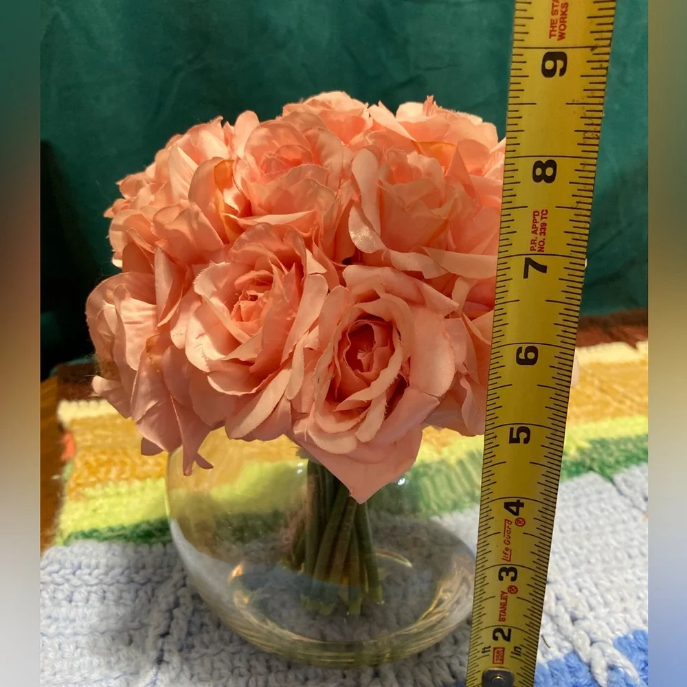 Round Pink Flower Clear Glass Fake Faux Arrangment